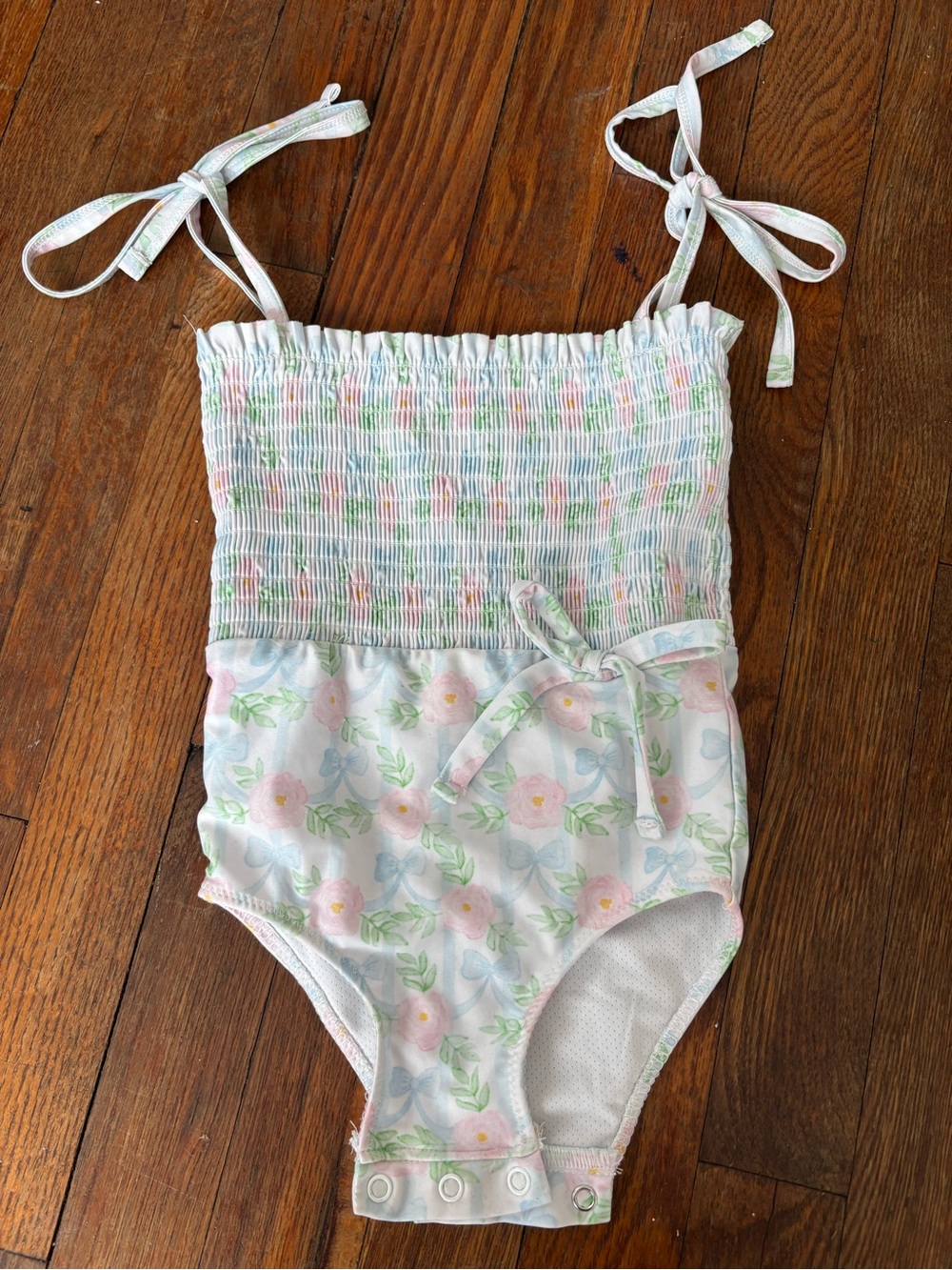 White Pastel Floral Smocked Tie-Strap One-Piece Swimsuit